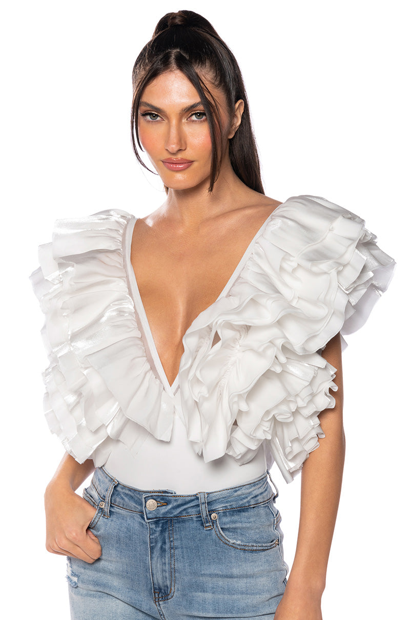 Front View Romantic Ruffled Bodysuit In White