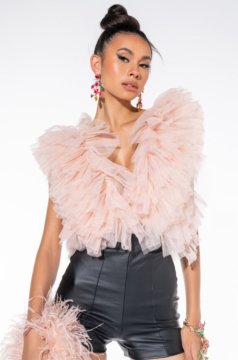 Front View Romantic Tulle Ruffle Bodysuit