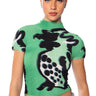 Front View Romanticize Me Pleated Knit Mock Neck Top In Green Multi