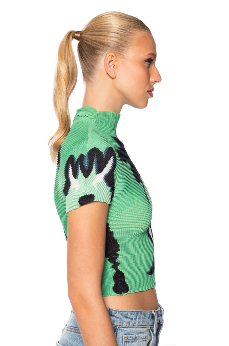 Detail View Romanticize Me Pleated Knit Mock Neck Top In Green Multi 3