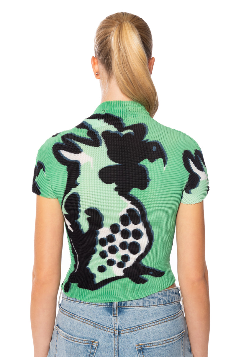 Full View Romanticize Me Pleated Knit Mock Neck Top In Green Multi 4