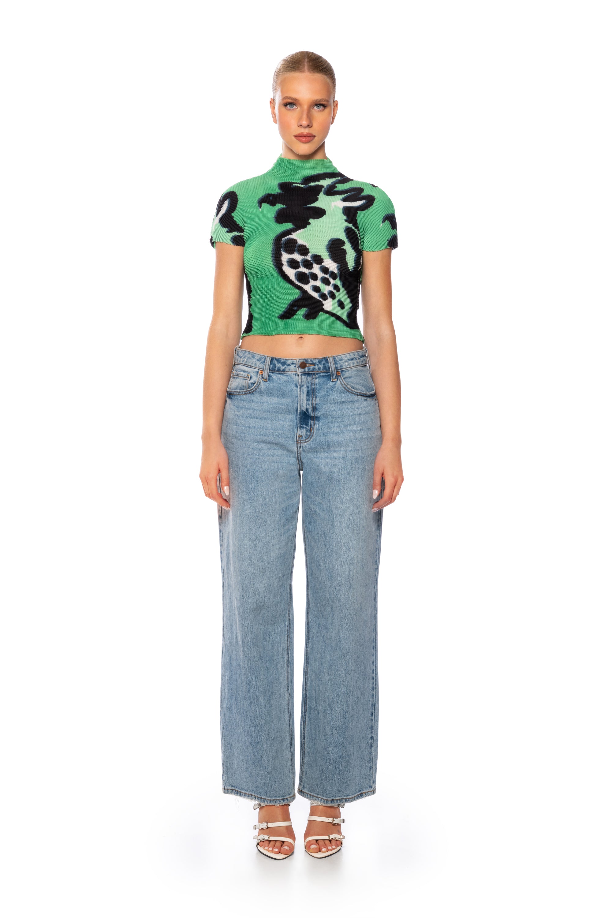 Extra View Romanticize Me Pleated Knit Mock Neck Top In Green Multi 6