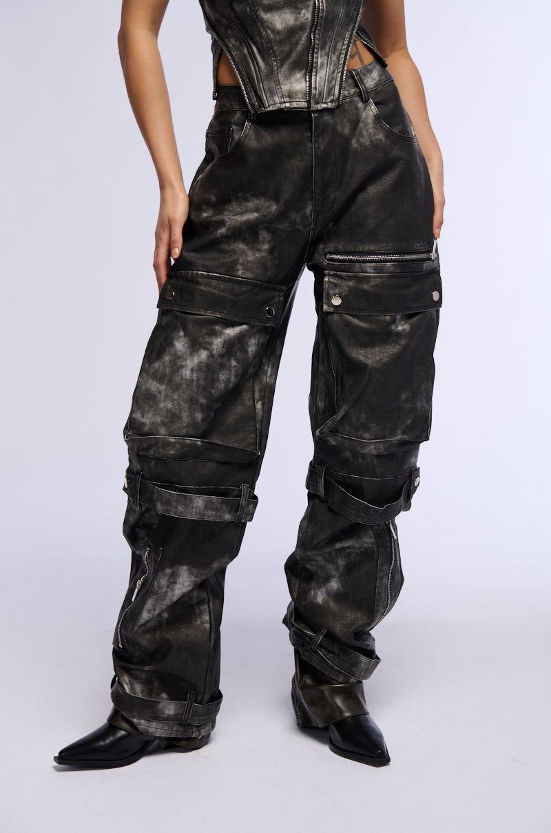 Front View Rory Distressed Faux Leather Cargo Pant