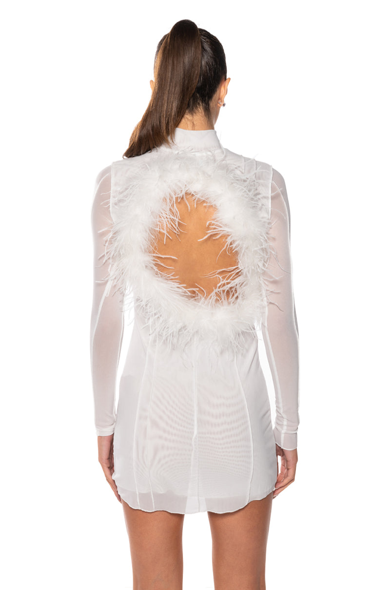 Extra View Rosalie Feather Trim Open Back Mini Dress In White