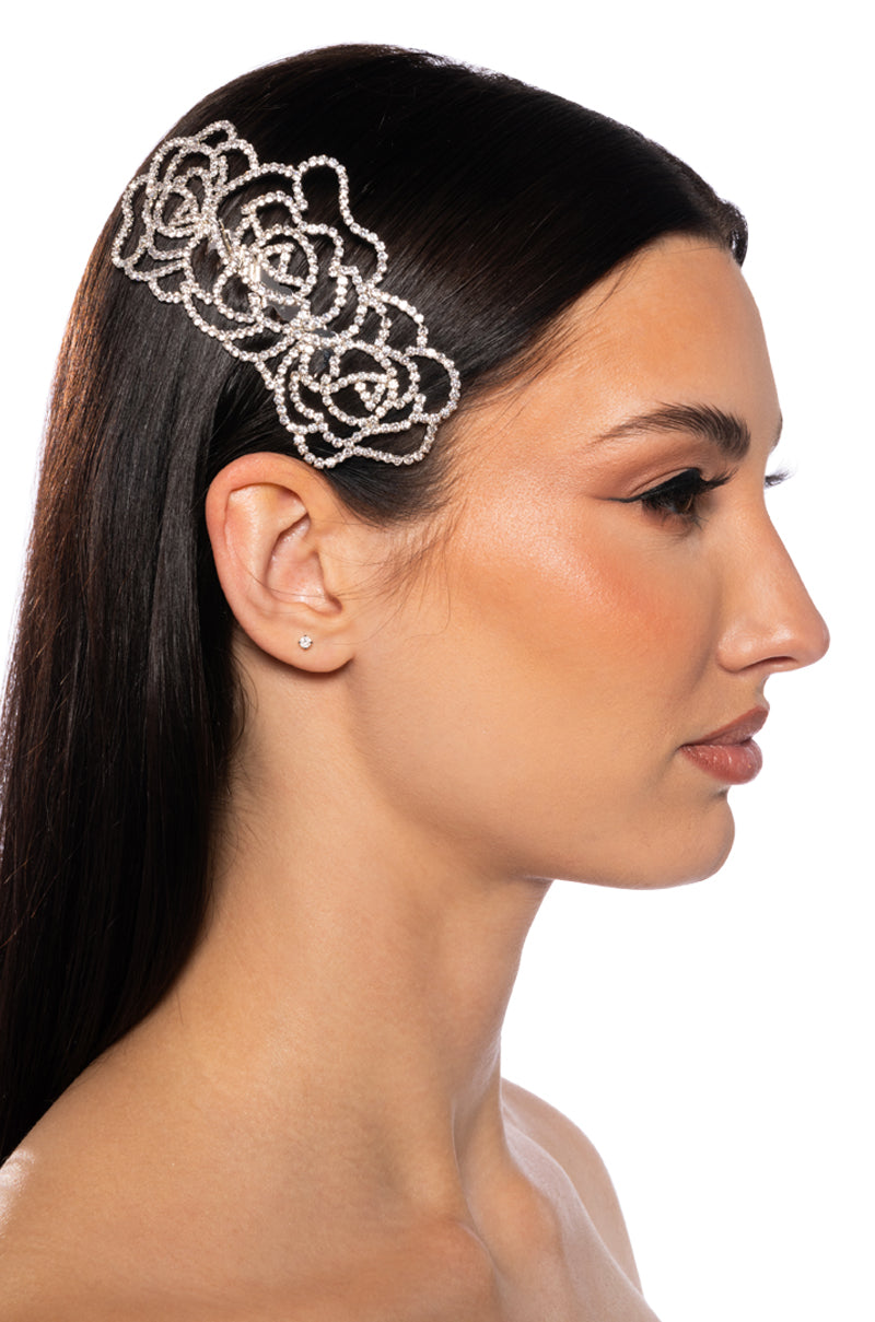 Front View Rose Luxe Embellished Hairpin In Silver