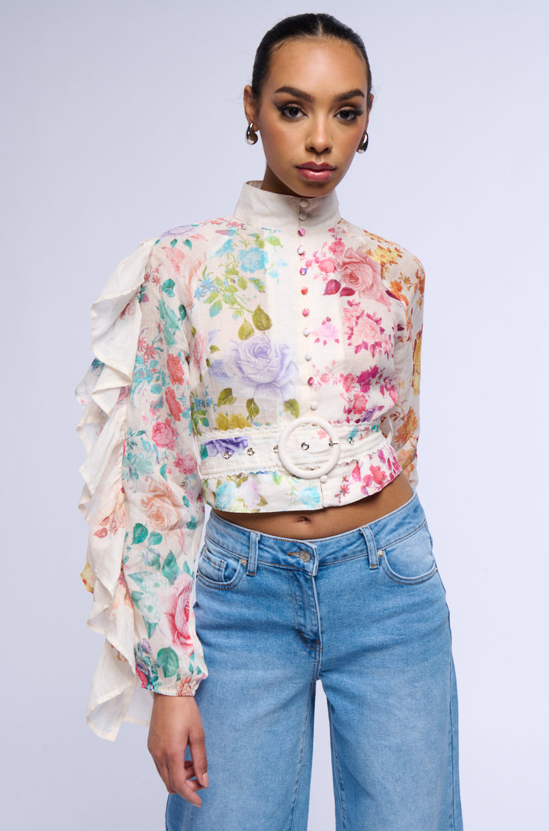 Front View Rose Printed Linen Blouse 0