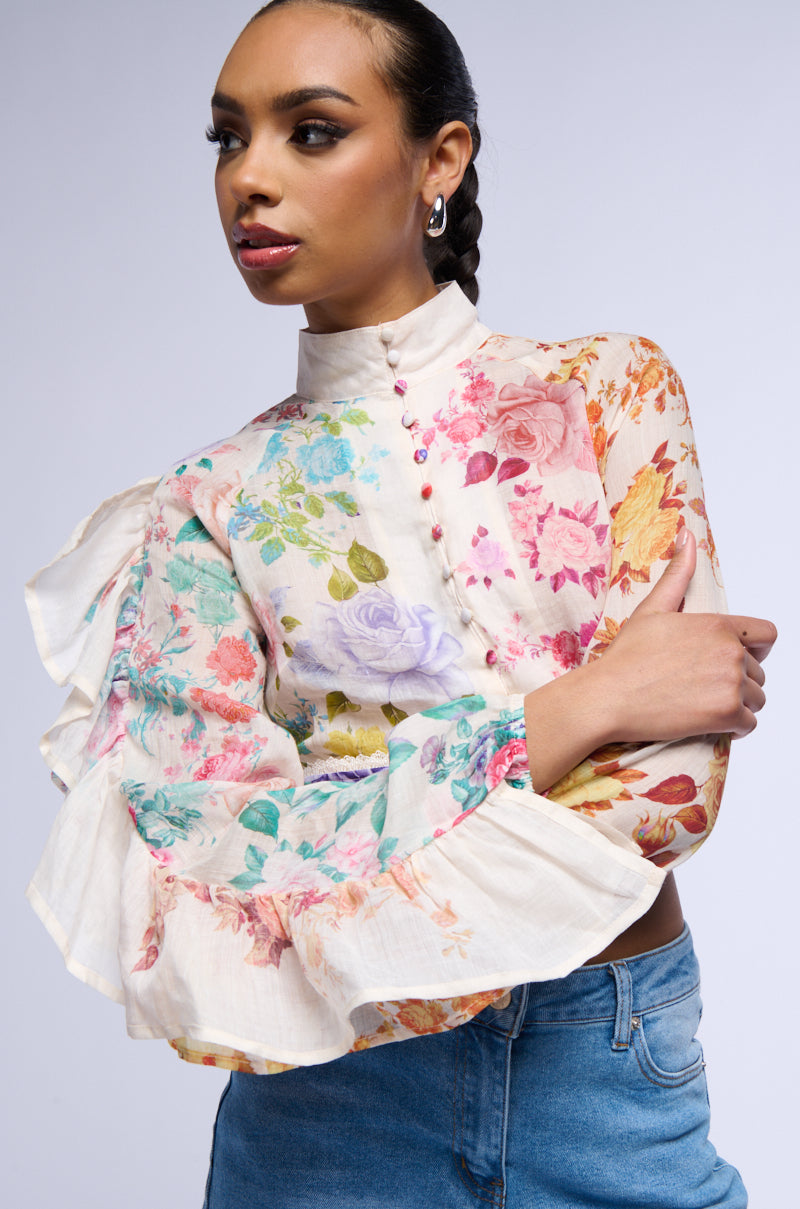 Side View Rose Printed Linen Blouse 1