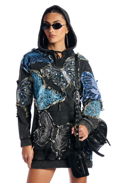 ROSIE BUTTERFLY DENIM PATCH SWEATSHIRT DRESS – AKIRA