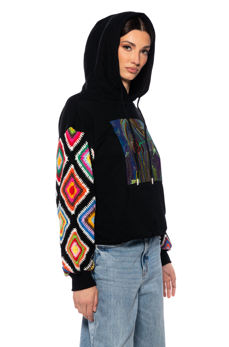 Side View Rosie Crochet Sleeve Hoodie