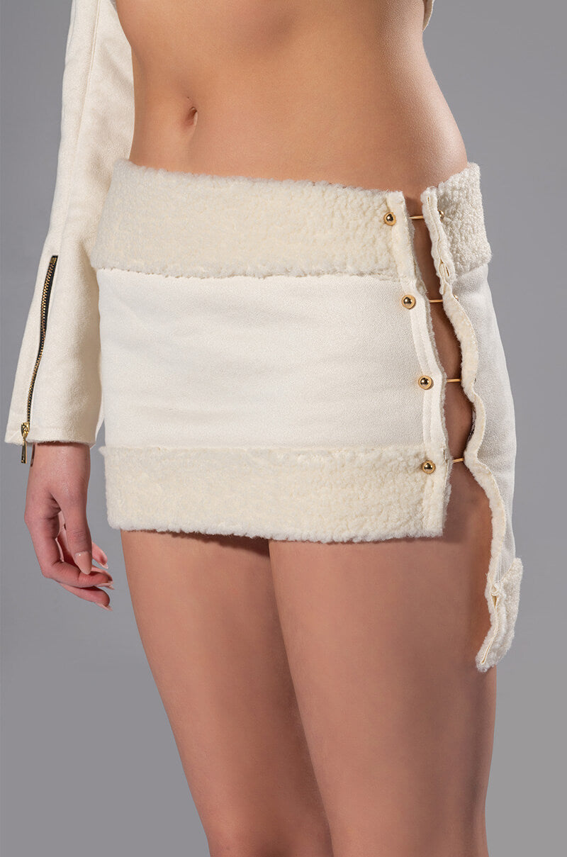 Detail View Rosie Fur Trim Jacket And Mini Skirt Set