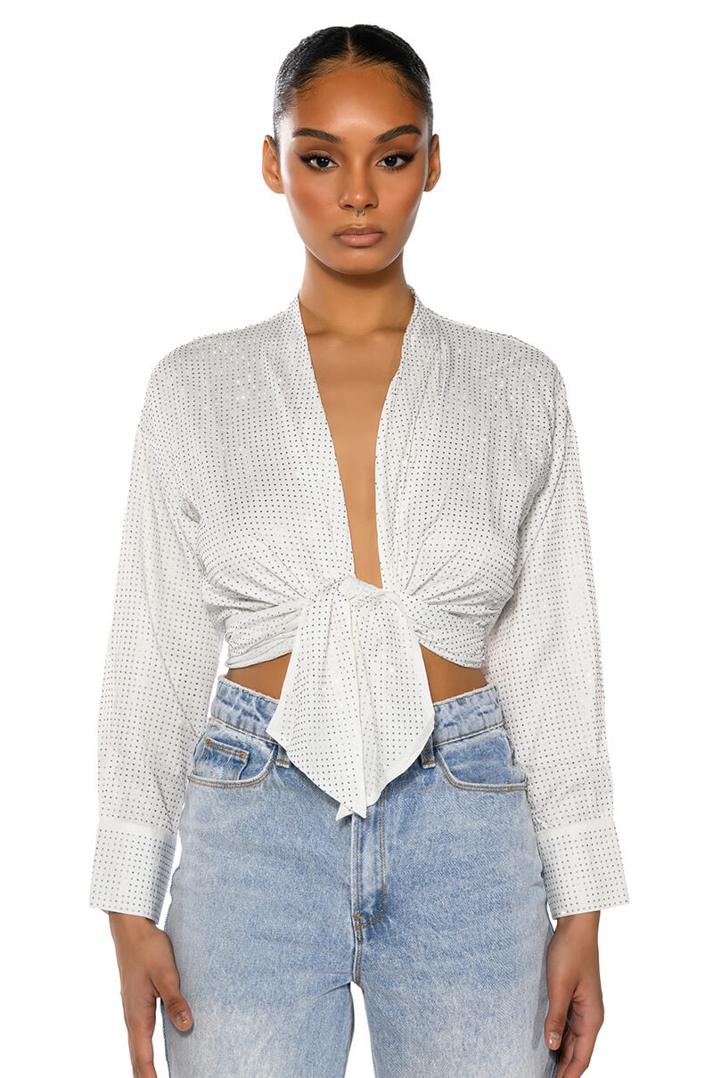 Front View Rowling Tied Up Rhinestone Blouse