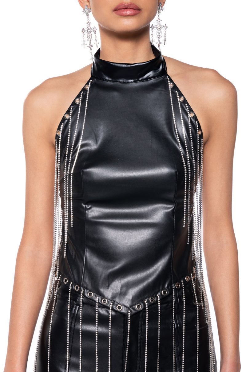 Extra View Roxanne Faux Leather Rhinestone Fringe Halter Top 5