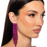 Front View Roxy Studded Rhinestone Fringe Dangle Earrings In Pink