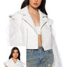 Front View Royal Court Convertible Ruffled Moto Jacket With Mesh Sleeves