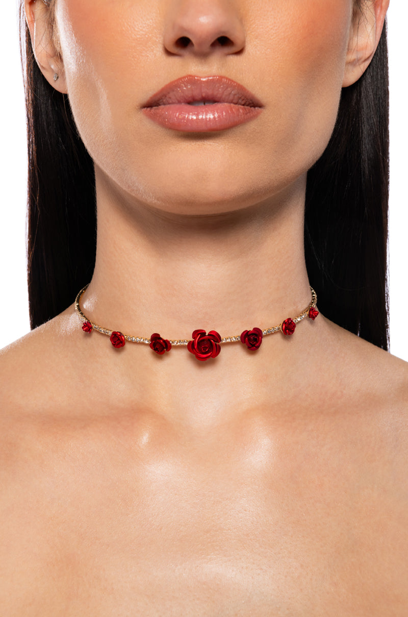 Front View Royal Rose Embellished Choker In Red