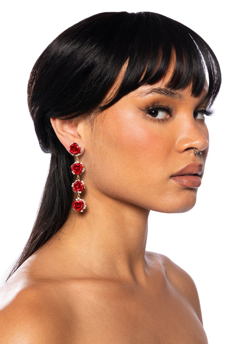 Front View Royal Rose Embellished Dangle Earrings In Red