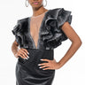 Front View Ruffle Sleeve Glitter Detail Dress With Faux Leather Skirt