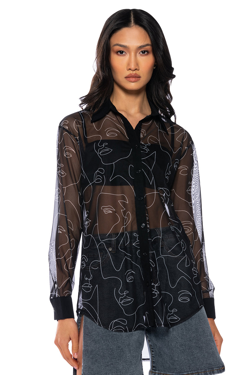 Front View Rumi Faces Sheer Button Down Blouse