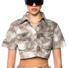 Front View Run The World Camo Cropped Button Down