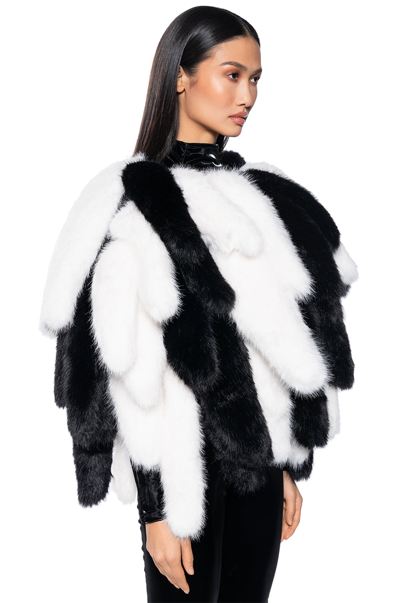 Back View Run This Town Faux Fur Fox Tail Cape In Black And White