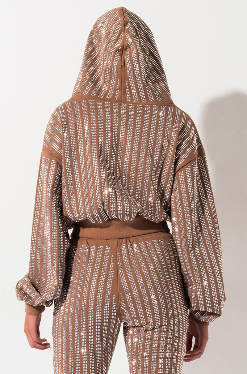 Back View Runaway Rhinestone Cropped Hoodie in Brown