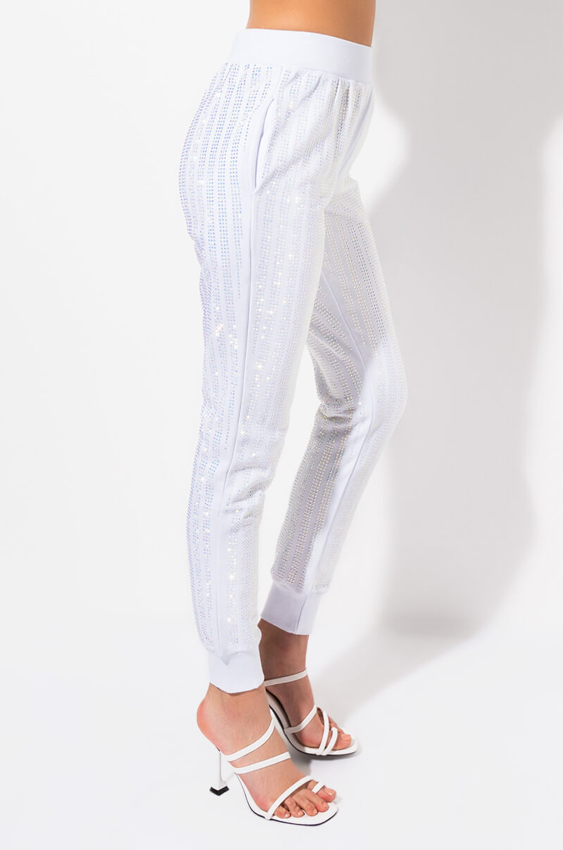 Side View Runaway Rhinestone Joggers in White 1