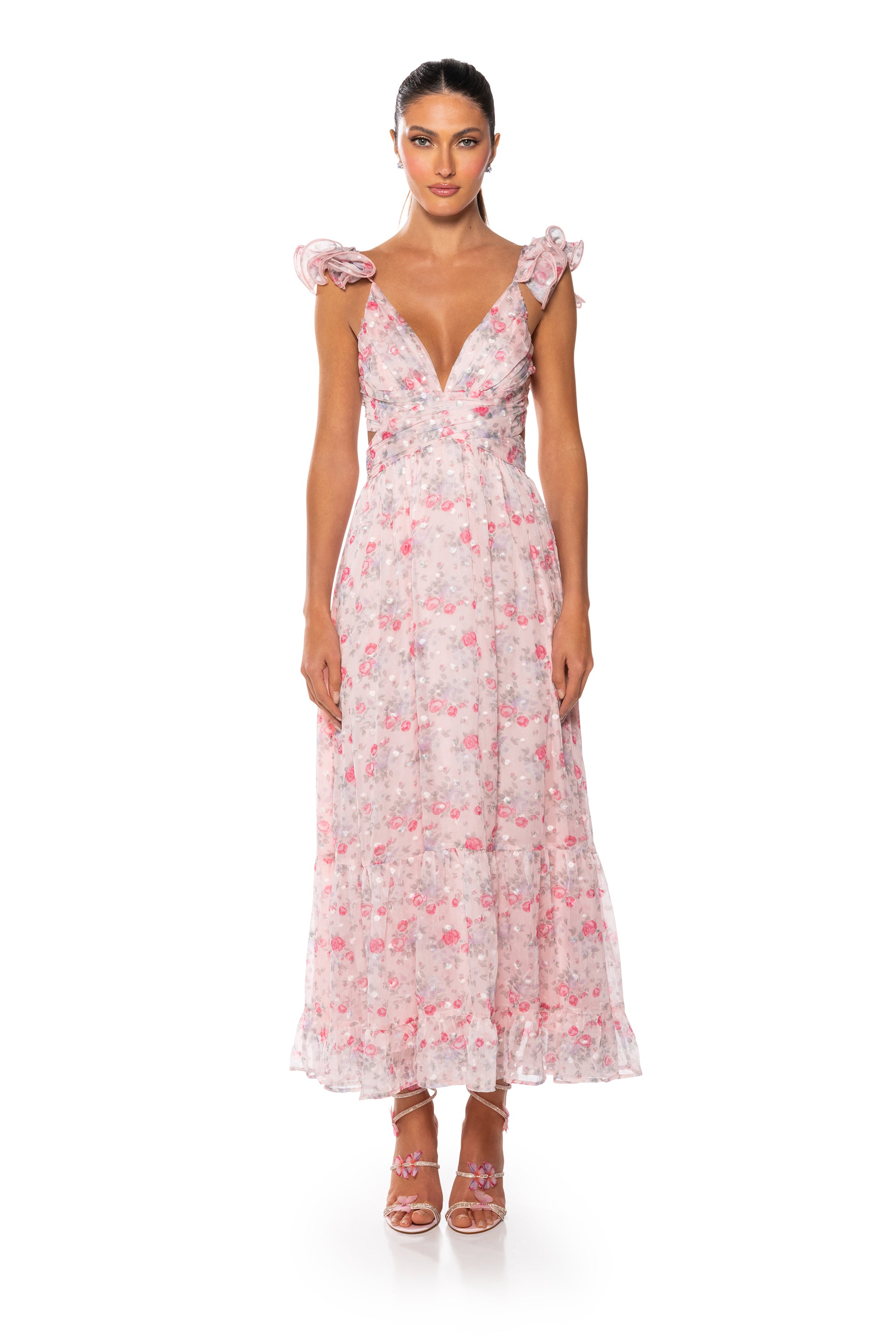 Extra View Runaway Ruffle Floral Maxi Dress