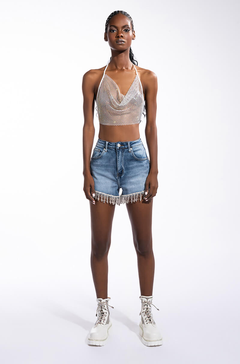Extra View Runway High Waisted Stretchy Rhinestone Jean Shorts 13