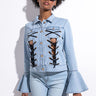 Front View Ryley Lace Up Denim Bell Sleeve Jacket