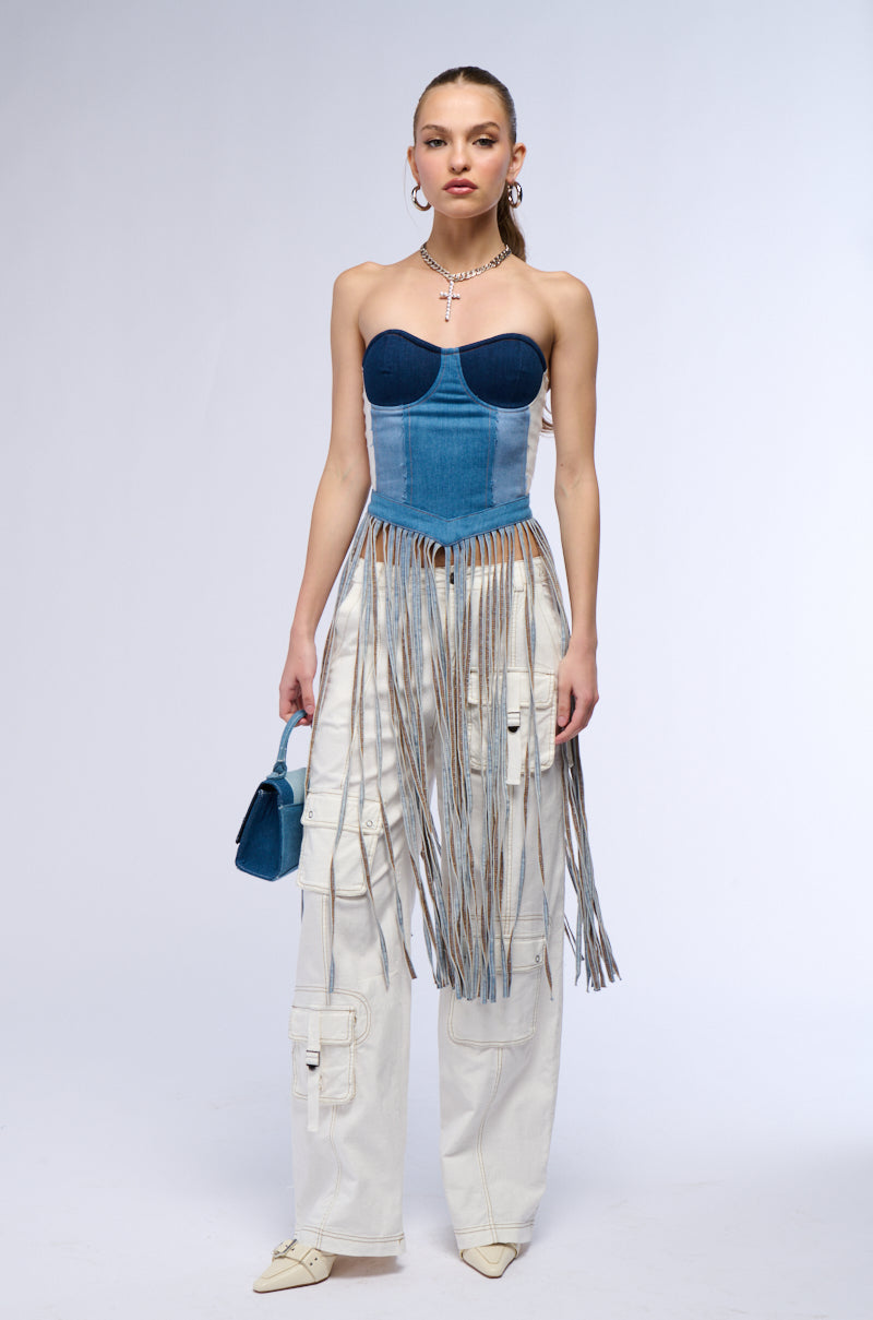 Side View Saddle Up Denim Fringe Belted Corset Top 1