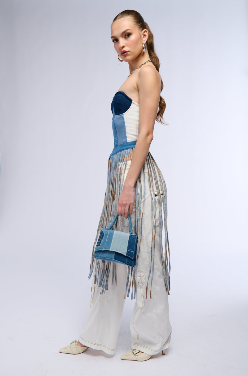 Detail View Saddle Up Denim Fringe Belted Corset Top 3
