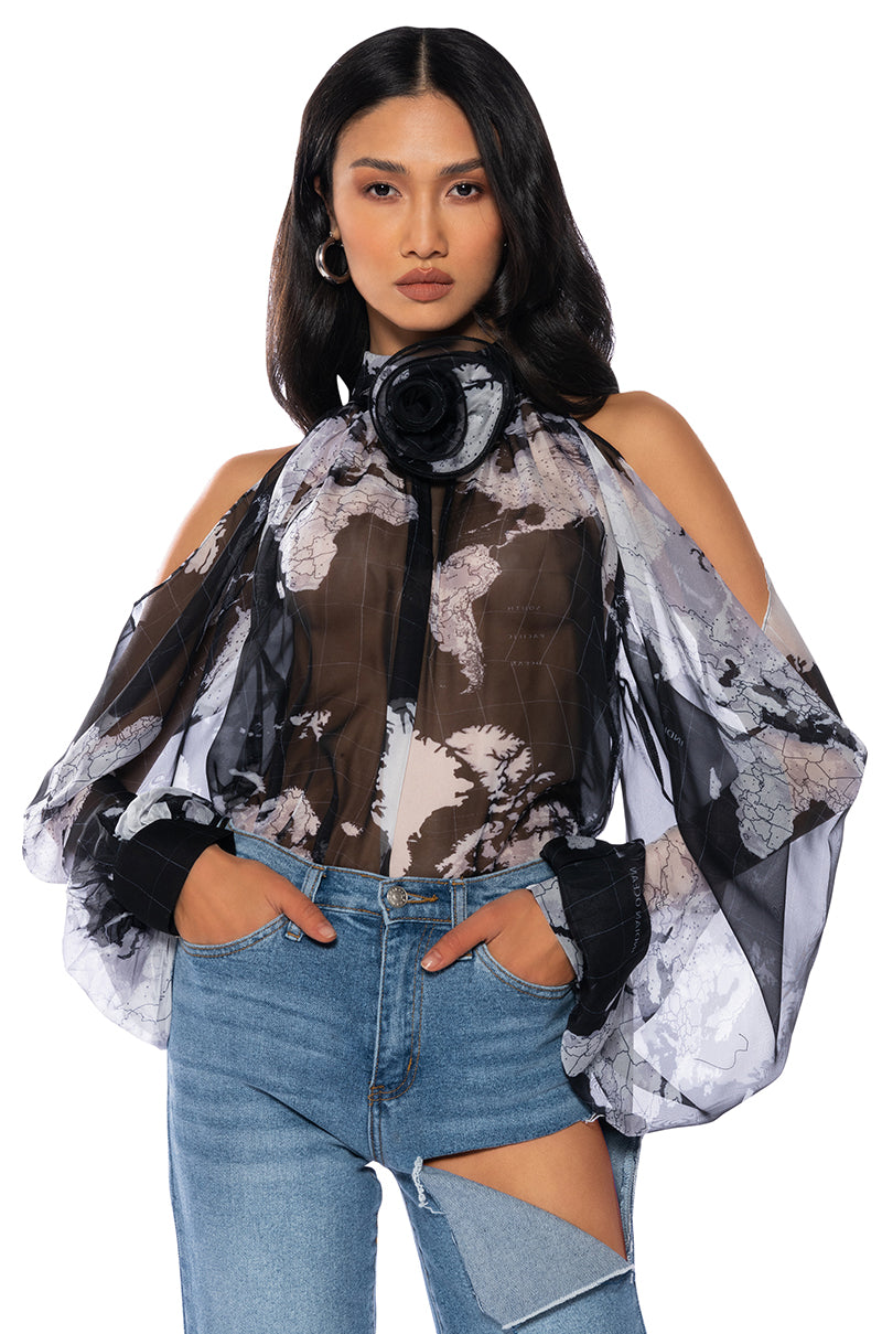 Front View Sadie See Through Mesh Print Blouse