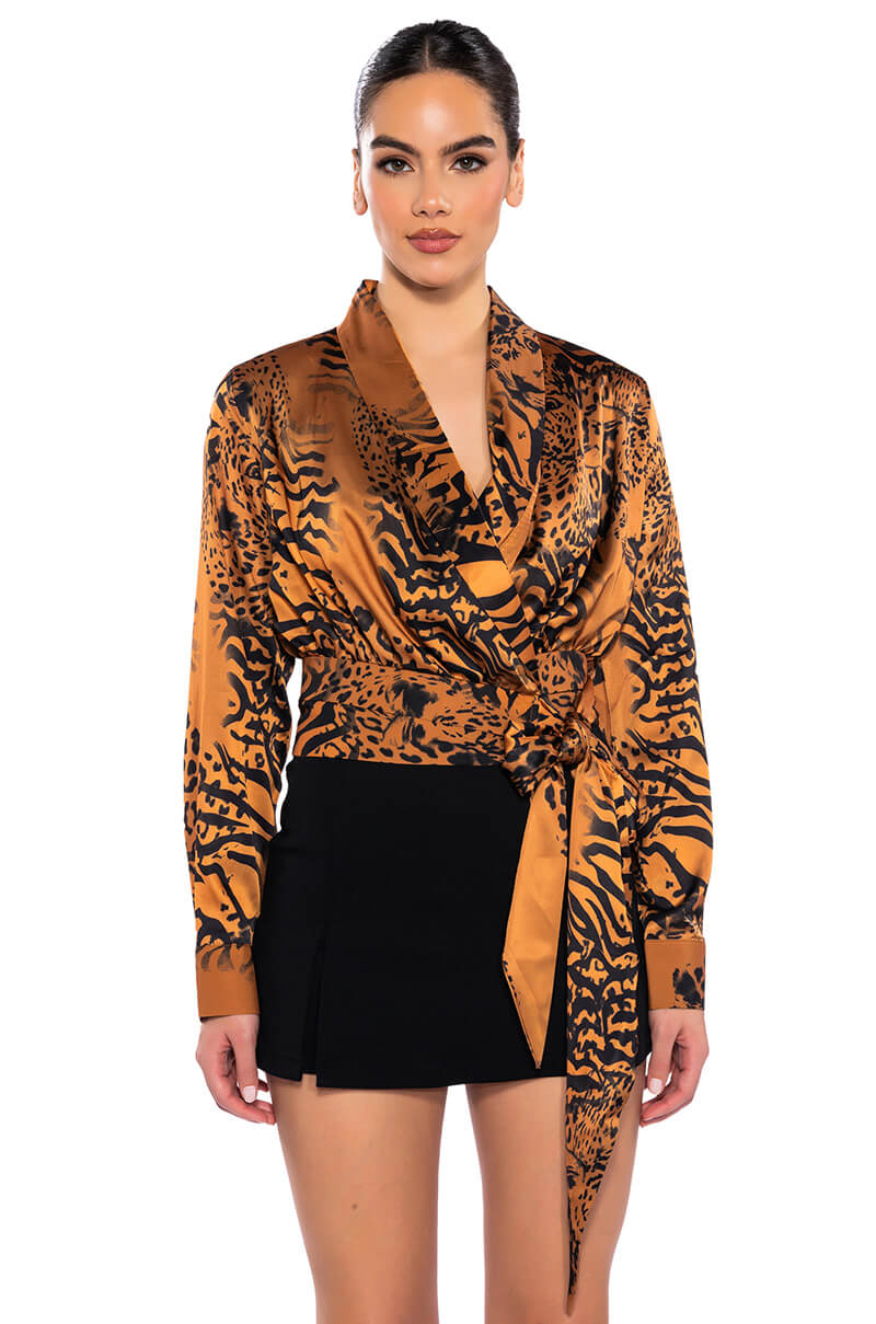 Front View Safari Satin Printed Blouse