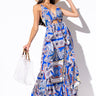 Front View Sammie Scarf Print Maxi Dress With Cut Out in Blue Multi