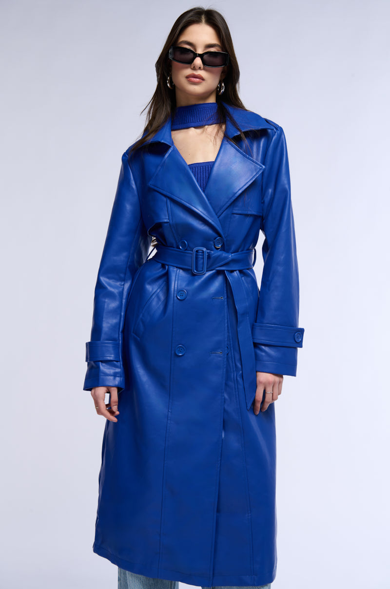 Front View Sando Blue Pu Trench Coat 0