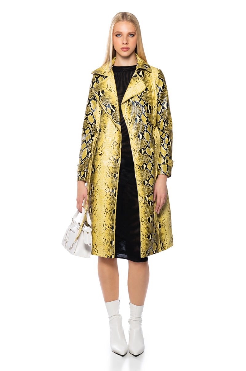 Side View Sando Snake Pleather Trench Coat With Zipper Trim