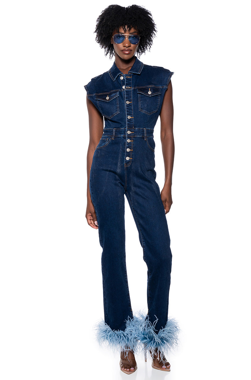 Front View Sandy Sleeveless Denim Feather Trim Jumpsuit