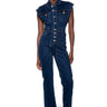 Front View Sandy Sleeveless Denim Feather Trim Jumpsuit