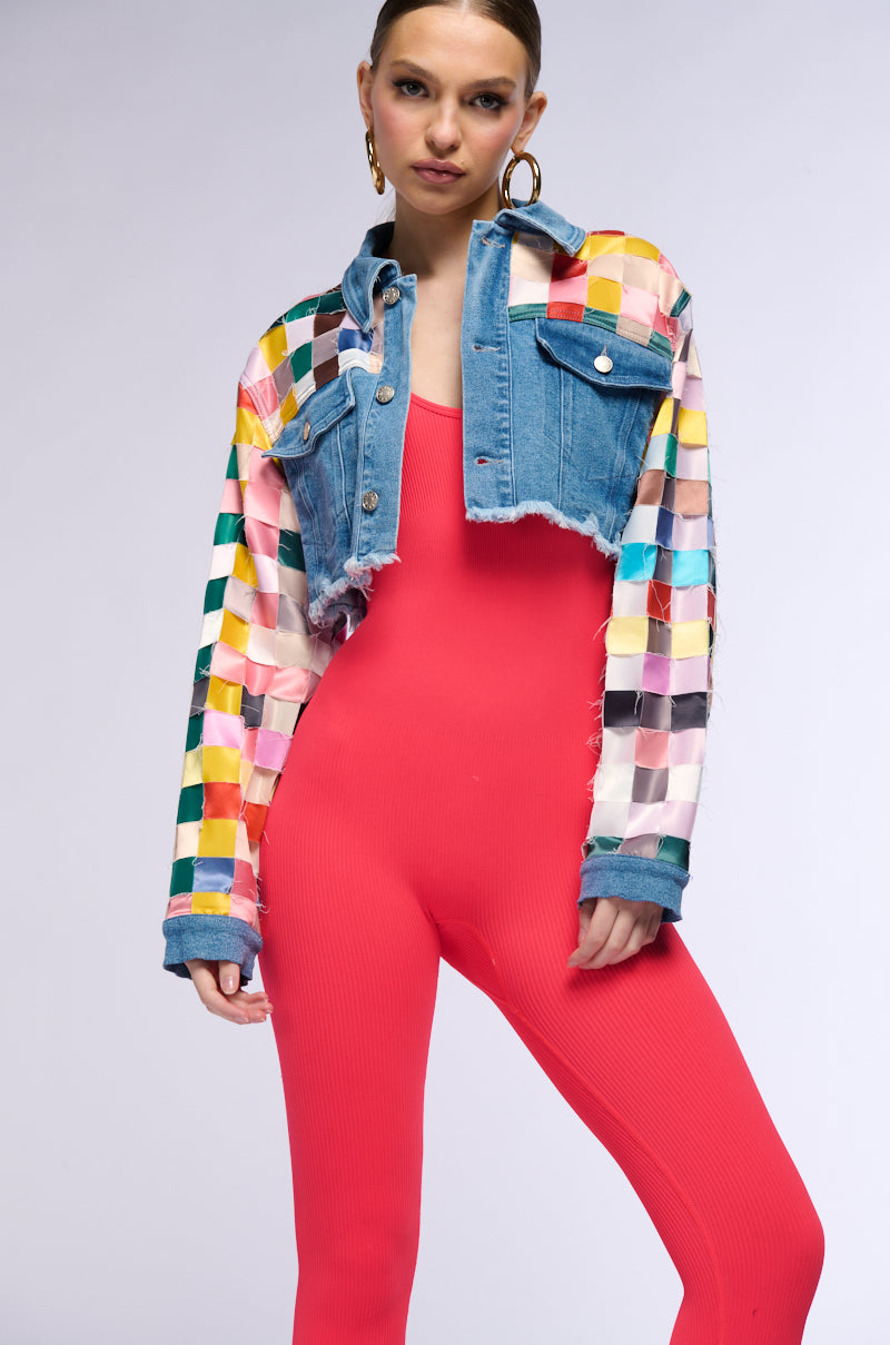 SATIN CHECKERED WEAVE CROP DENIM JACKET view 0