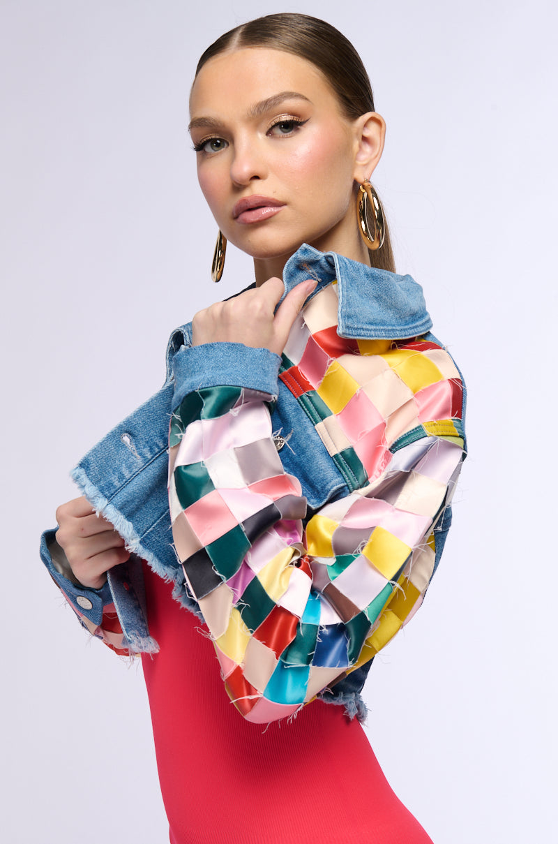 Side View Satin Checkered Weave Crop Denim Jacket