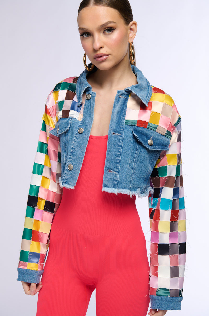 Detail View Satin Checkered Weave Crop Denim Jacket