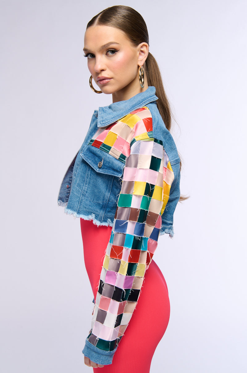 Full View Satin Checkered Weave Crop Denim Jacket