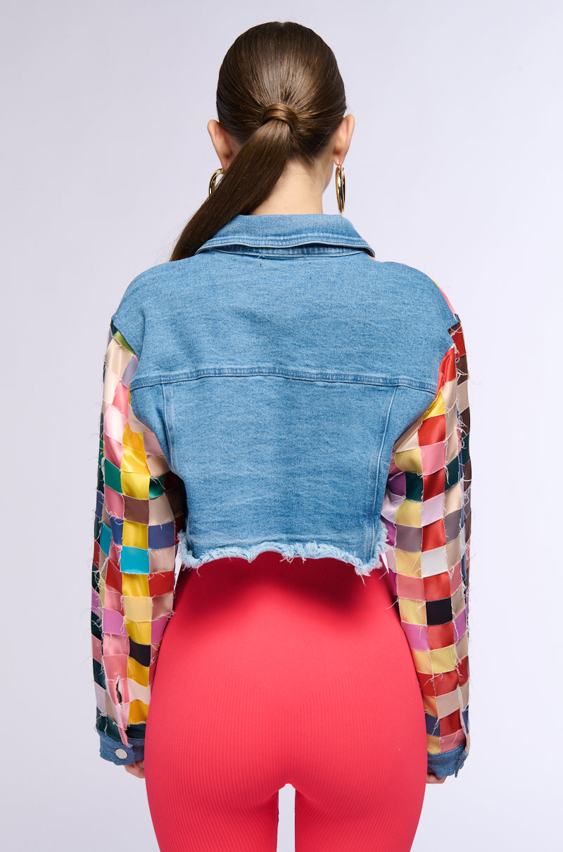 Extra View Satin Checkered Weave Crop Denim Jacket