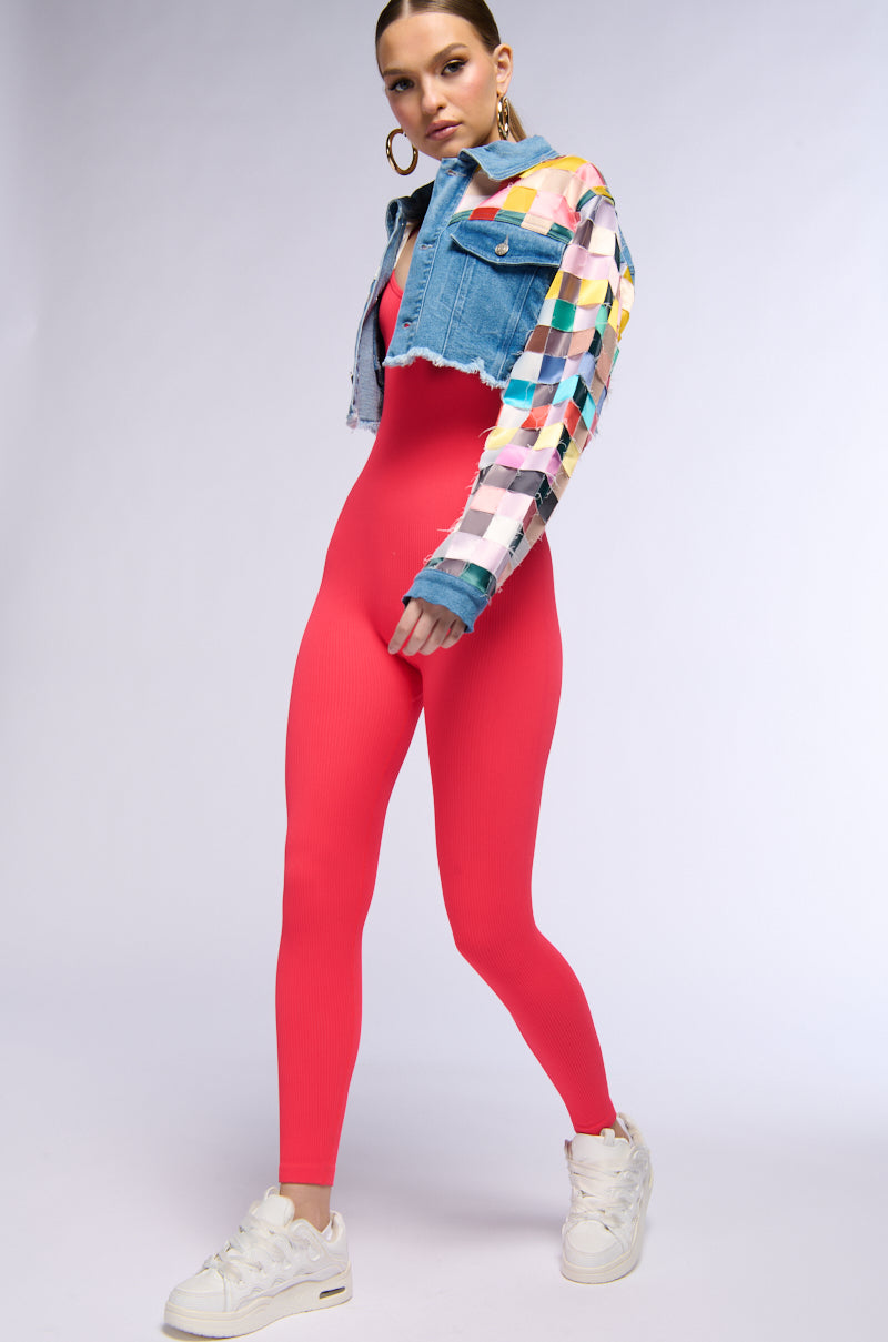 Extra View Satin Checkered Weave Crop Denim Jacket