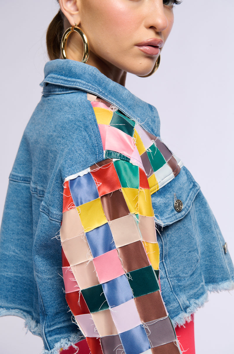 Extra View Satin Checkered Weave Crop Denim Jacket