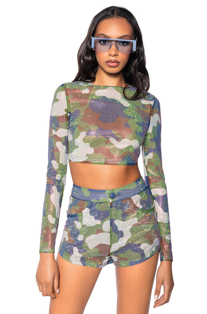 Front View Savage Rhinestone Mesh Long Sleeve Top