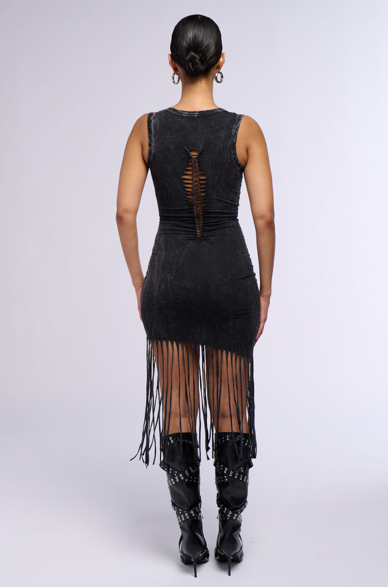 SAVE A HORSE FRINGE CUTOUT MIDI DRESS – AKIRA