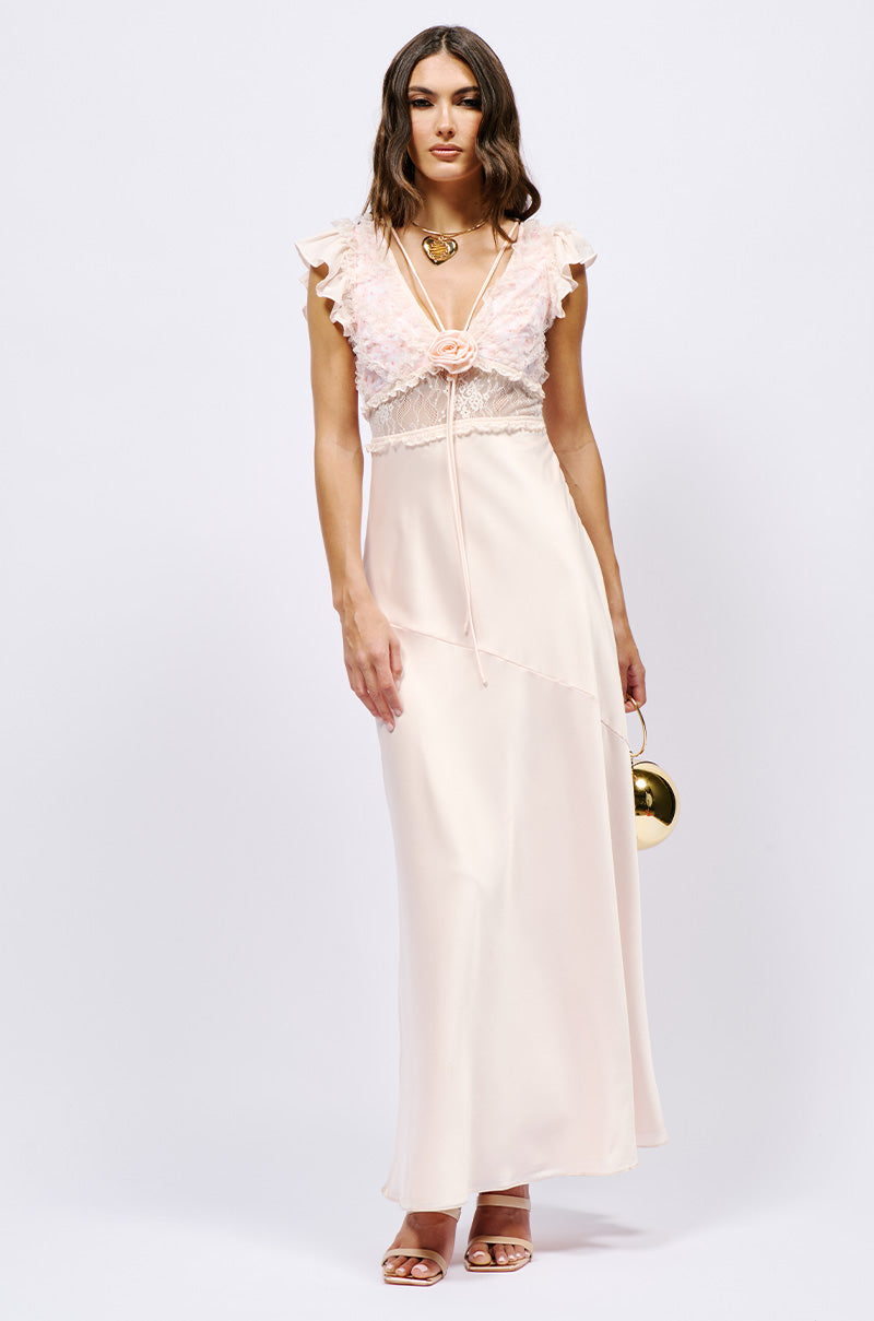 SAVING MYSELF FLOWER APPLIQUE LACE DETAIL SATIN MAXI DRESS AKIRA SAVING MYSELF FLOWER APPLIQUE LACE DETAIL SATIN MAXI DRESS AKIRA