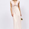 Front View Saving Myself Flower Applique Lace Detail Satin Maxi Dress