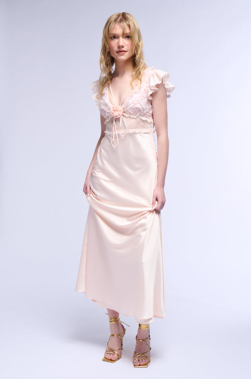SAVING MYSELF FLOWER APPLIQUE LACE DETAIL SATIN MAXI DRESS AKIRA SAVING MYSELF FLOWER APPLIQUE LACE DETAIL SATIN MAXI DRESS AKIRA